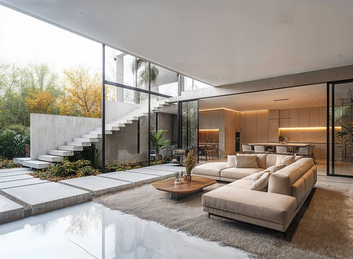 Sala de estar moderna integrada ao jardim